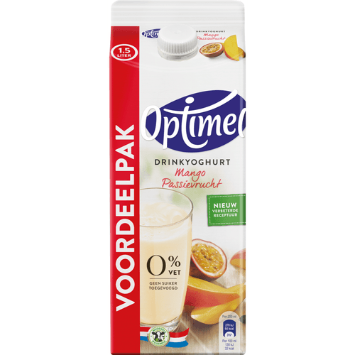 Foto van Optimel Drinkyoghurt mango passievrucht op witte achtergrond