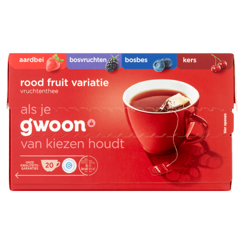Foto van G'woon Vruchtenthee rood fruit kop 20 zakjes op witte achtergrond