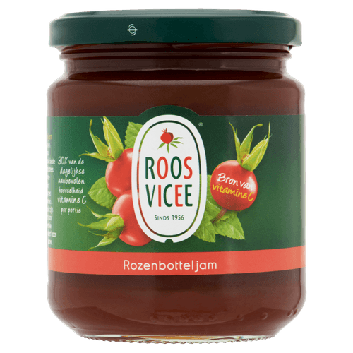 Foto van Roosvicee Rozenbottel jam op witte achtergrond