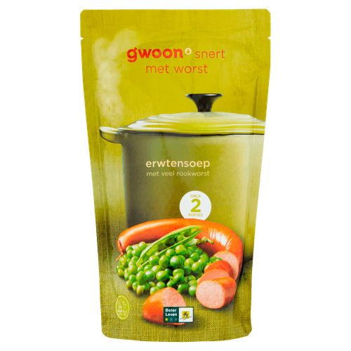 Foto van G'woon Soep in zak erwten op witte achtergrond