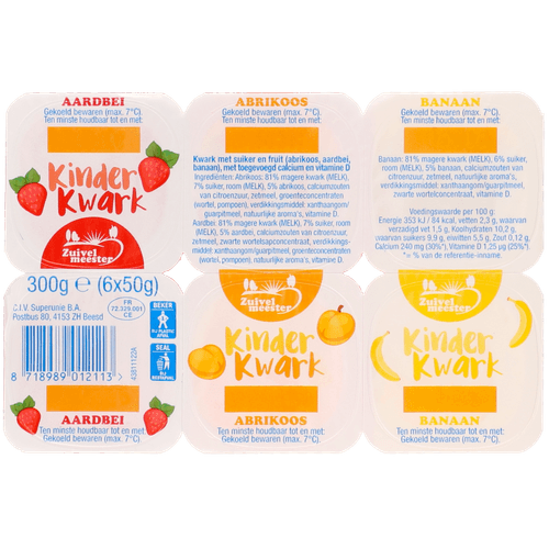 Foto van Zuivelmeester Kinderkwark aardbei-abrikoos-banaan 6 stuks op witte achtergrond