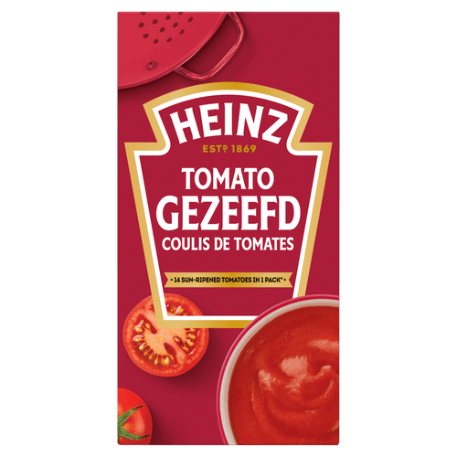 Foto van Heinz Tomaten gezeefd op witte achtergrond