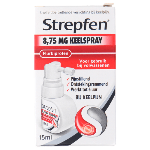 Foto van Strepfen Keelspray flurbiprofen 8.75mg. op witte achtergrond