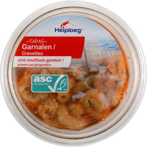 Foto van Heiploeg Garnalen in chili olie op witte achtergrond