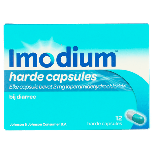 Foto van Imodium Diarreeremmer capsules 2mg. op witte achtergrond