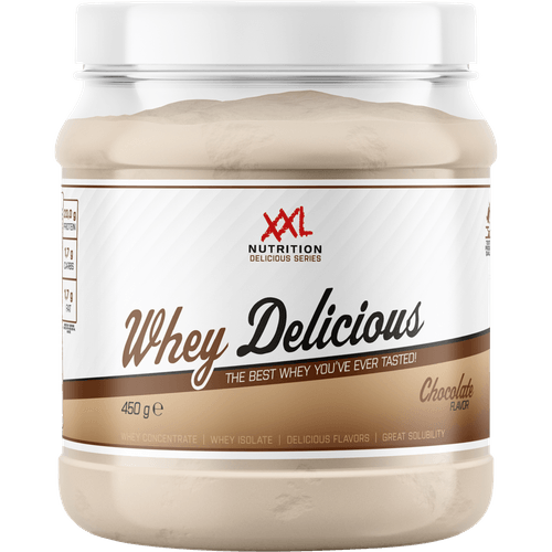 Foto van XXL Nutrition Whey delicious chocolate op witte achtergrond