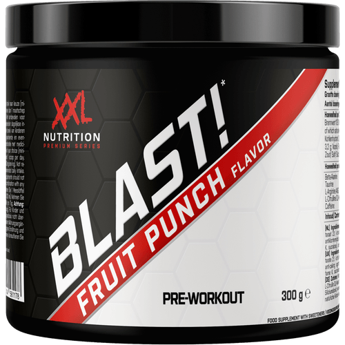 Foto van XXL Nutrition Blast pre workout fruit punch op witte achtergrond