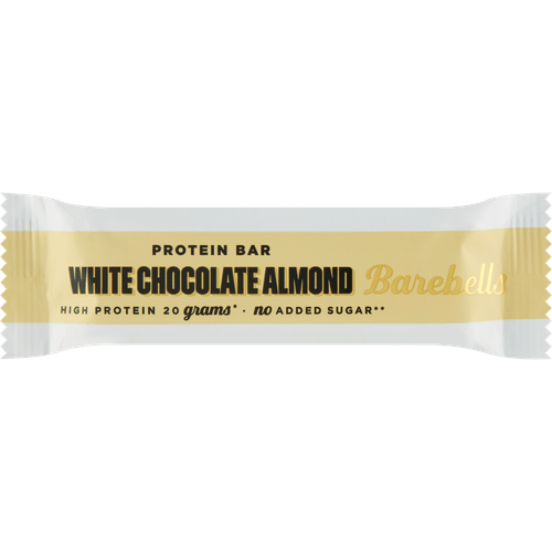 Foto van Barebells White chocolate almond op witte achtergrond