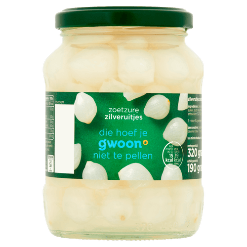 Foto van G'woon Zilveruitjes zoetzuur op witte achtergrond