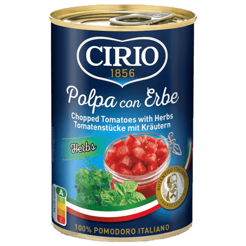 Foto van Cirio Tomatenblokjes kruiden op witte achtergrond