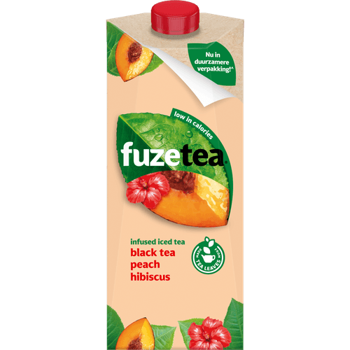 Foto van Fuze tea Black tea Perzik hibiscus op witte achtergrond