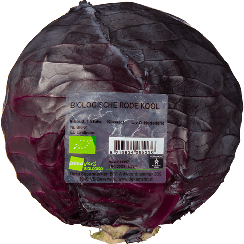 Foto van DekaVers Bio rode kool op witte achtergrond