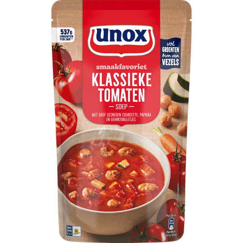Foto van Unox Soep in zak klassieke tomatensoep op witte achtergrond