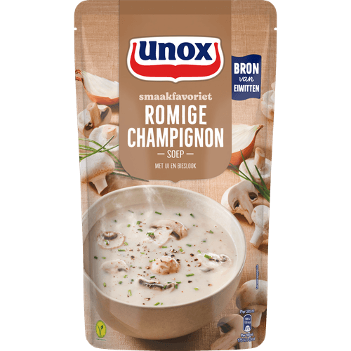 Foto van Unox Soep in zak romige champignonsoep op witte achtergrond