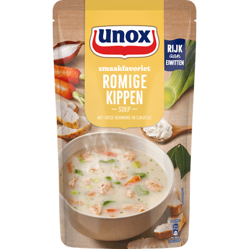 Foto van Unox Soep in zak romige kippensoep op witte achtergrond