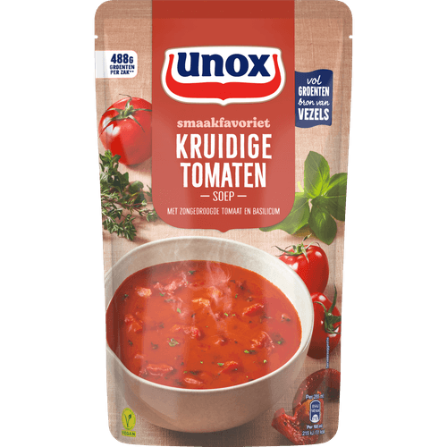 Foto van Unox Soep in zak kruidige tomatensoep op witte achtergrond