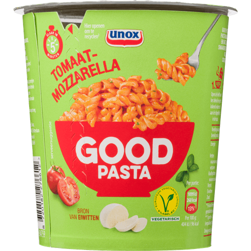 Foto van Unox Good pasta tomaat mozzarella op witte achtergrond