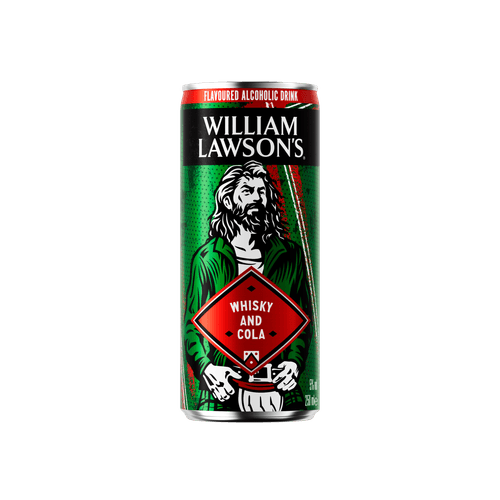 Foto van William Lawsons Scotch whisky & cola op witte achtergrond