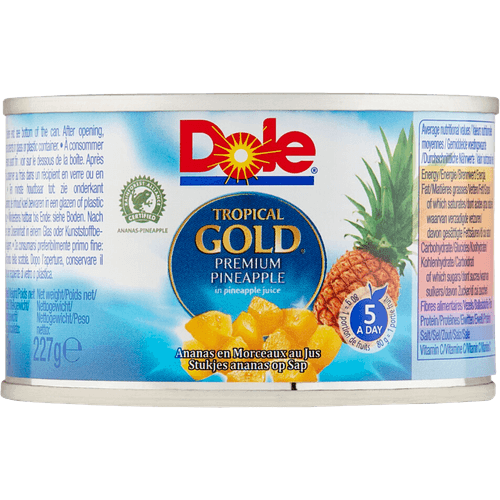 Foto van Dole Ananasstukjes tropical gold op witte achtergrond