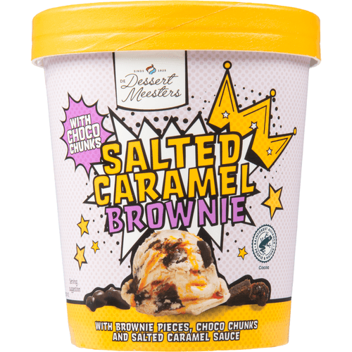 Foto van De Dessert Meesters Salted caramel brownie op witte achtergrond