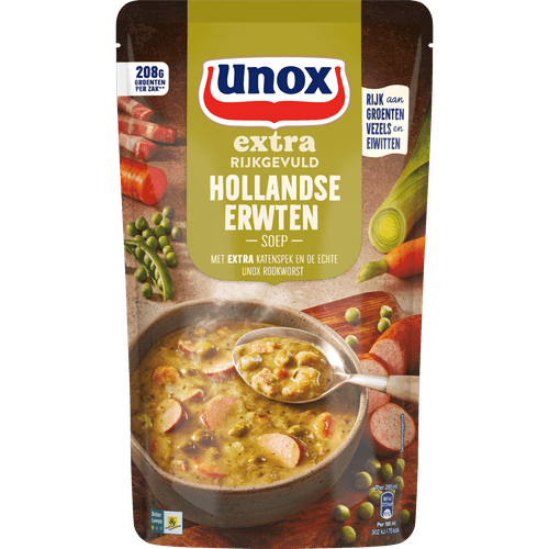 Foto van Unox Soep in zak erwten extra rijkgevuld op witte achtergrond