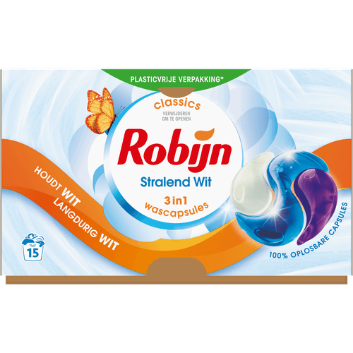 Foto van Robijn Vloeibaar wasmiddel 3 in 1 caps. stralend wit op witte achtergrond