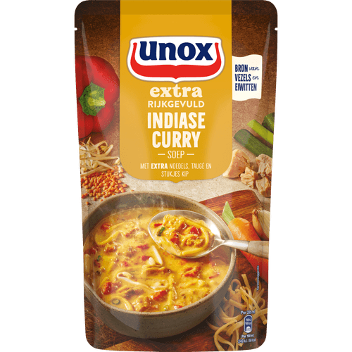Foto van Unox Curry soep extra rijkgevuld op witte achtergrond