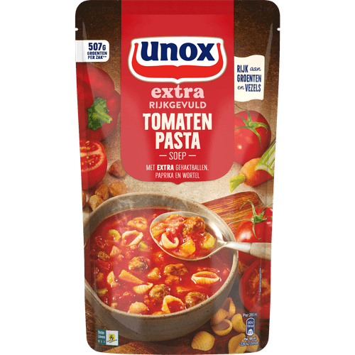 Foto van Unox Tomatenpasta soep extra rijkgevuld op witte achtergrond