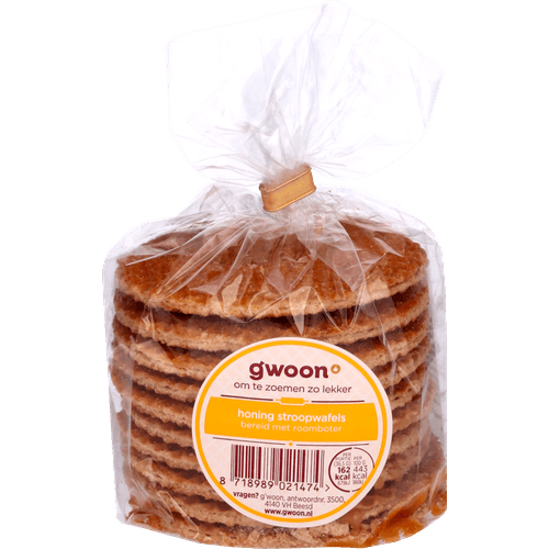 Foto van G'woon Stroopwafels honing op witte achtergrond