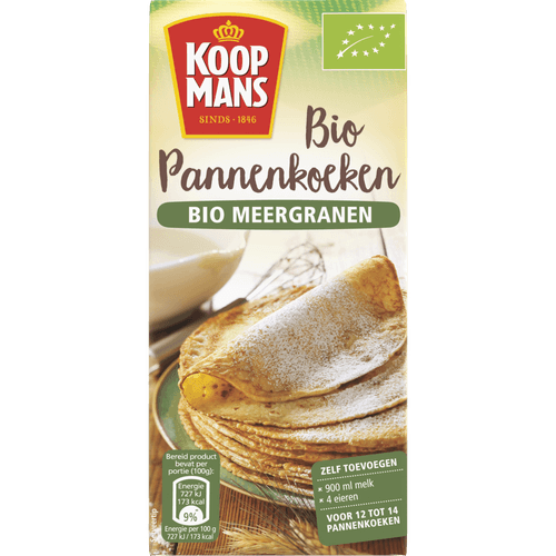 Foto van Koopmans Bio pannenkoekmix meergranen op witte achtergrond
