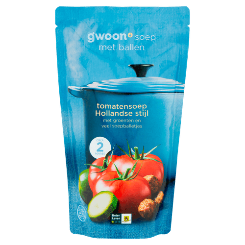 Foto van G'woon Soep in zak Hollandse tomatensoep op witte achtergrond