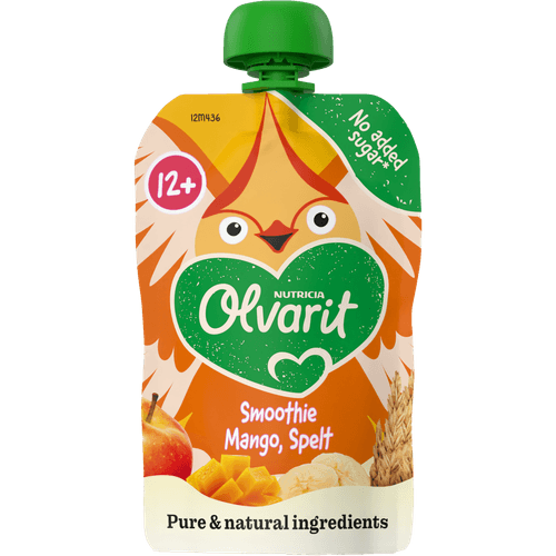 Foto van Olvarit 12m436 smoothie mango spelt op witte achtergrond