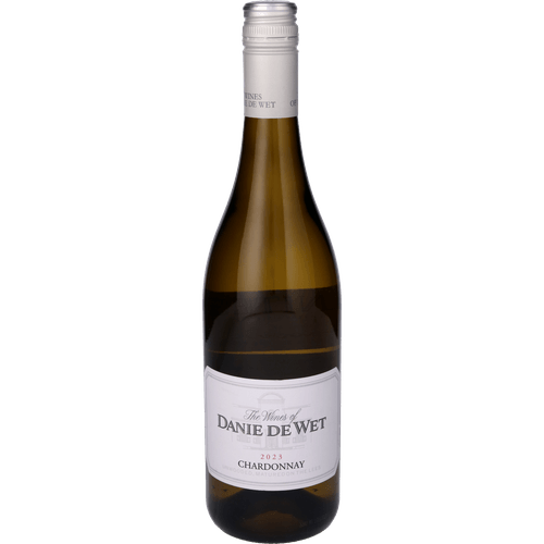 Foto van Danie de Wet White label chardonnay sur lie op witte achtergrond