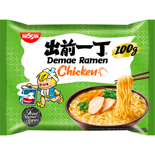 Foto van Nissin Demae Ramen Chicken op witte achtergrond