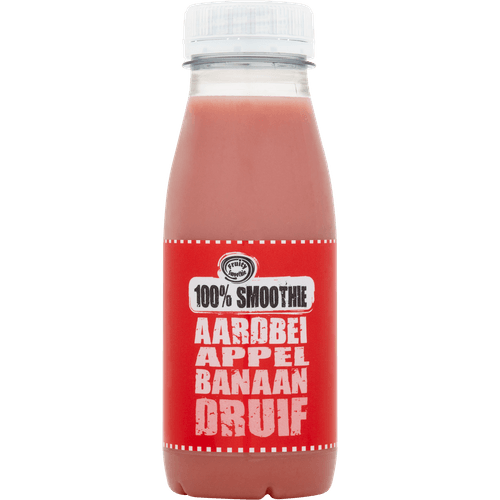 Foto van Fruity Smoothie 100% smoothie aardbei op witte achtergrond
