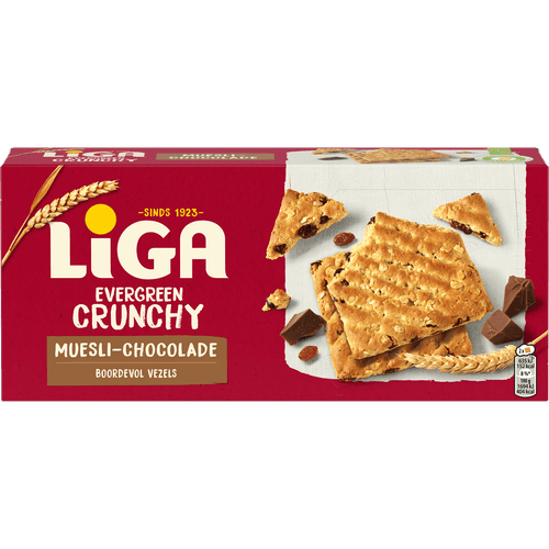 Foto van Liga Evergreen crunchy muesli chocolade 6 x 2 stuks op witte achtergrond