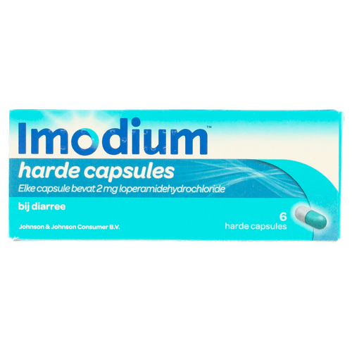 Foto van Imodium Diarreeremmer capsules 2mg op witte achtergrond