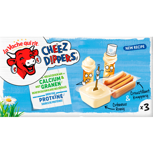 Foto van La Vache Qui Rit Cheez dippers promo pack 3 stuks op witte achtergrond