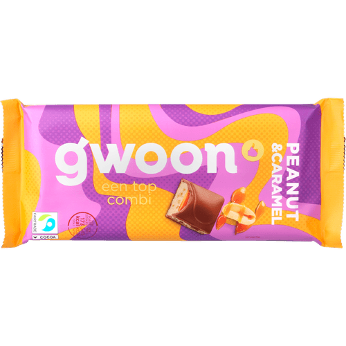 Foto van G'woon Chocoladereep melk pinda karamel op witte achtergrond