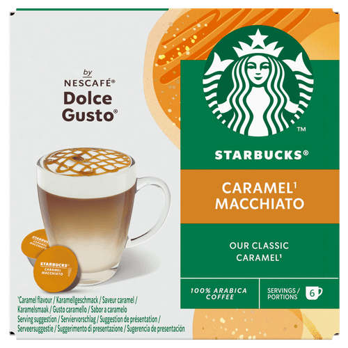 Foto van Starbucks Koffiecups dolce gusto caramel macchiato op witte achtergrond