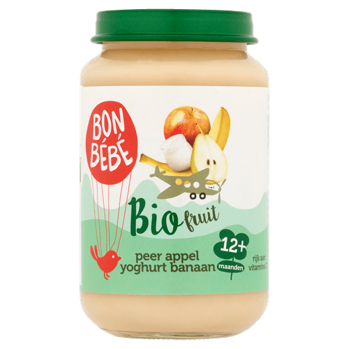 Foto van Bonbébé Fruithapje 12+ maanden appel-banaan-peer-yoghurt op witte achtergrond