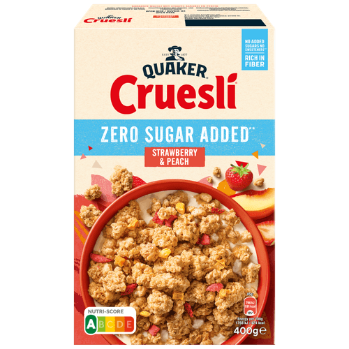 Foto van Quaker Cruesli strawberry & peach zero sugar op witte achtergrond