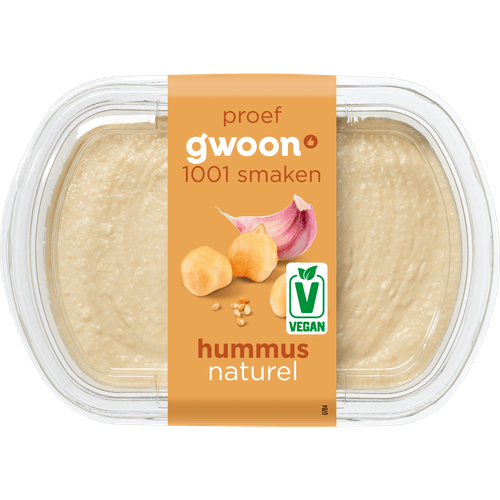 Foto van G'woon Hummus naturel op witte achtergrond