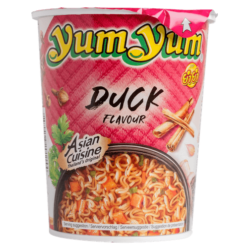 Foto van Yum Yum Noodles eend op witte achtergrond