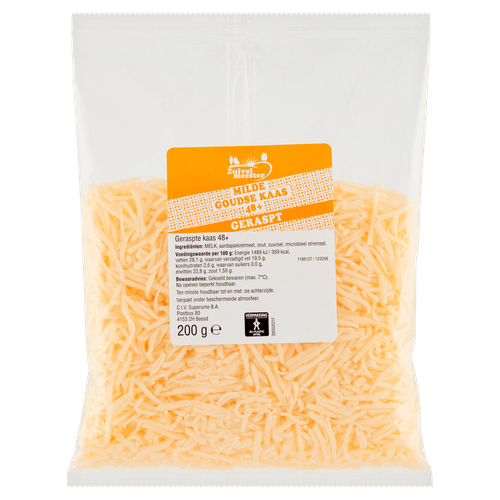 Foto van Zuivelmeester Geraspte kaas mild 48+ op witte achtergrond