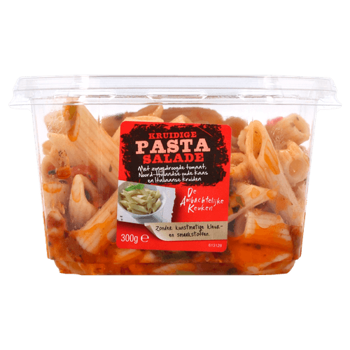 Foto van De Ambachtelijke Keuken Pastasalade zontomaat op witte achtergrond