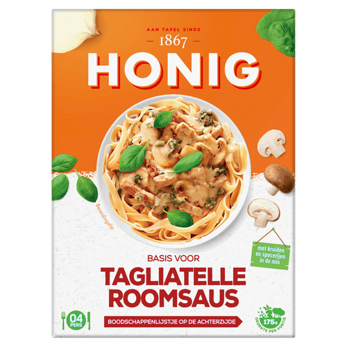 Foto van Honig Kruidenmix tagliatelle roomsaus op witte achtergrond