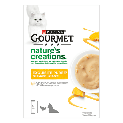 Foto van Gourmet Kattenvoer puree kip op witte achtergrond