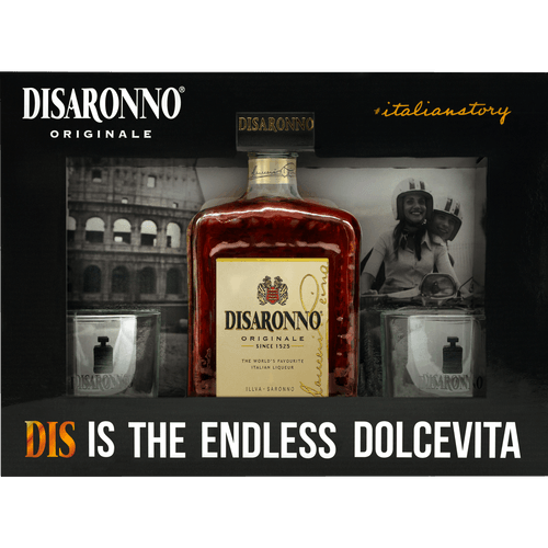 Foto van Disaronno Originale cadeauverpakking met 2 glazen op witte achtergrond