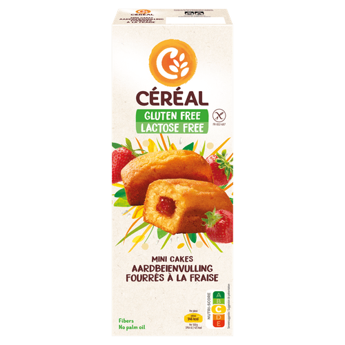 Foto van Céréal Mini cakes met aardbeienvulling 6 stuks op witte achtergrond